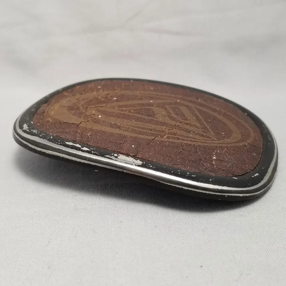 Belt Buckle Brown Leather On Metal Swirly Design Art Deco Minimalist Modern Gift